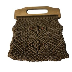 Vintage Handcrafted Brown Macrame Bag with Wood Handle